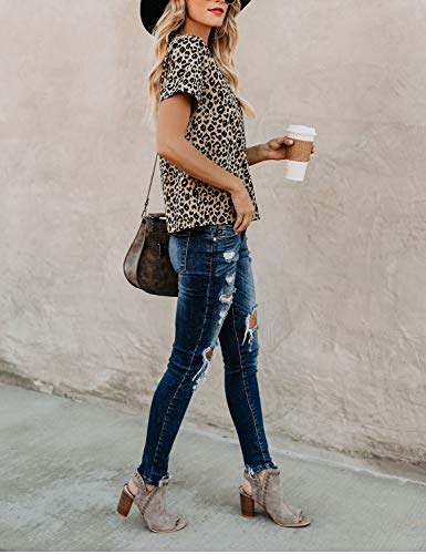 Womens Leopard Print Tops Short Sleeve Round Neck Casual T Shirts Tees