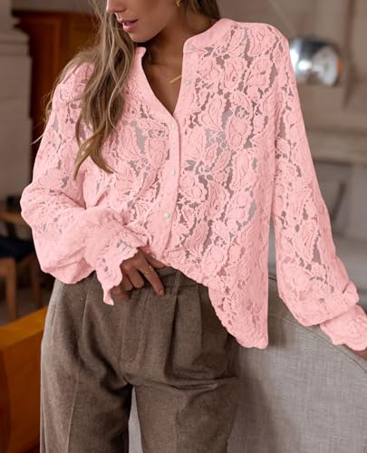 Women's Dressy Casual Lace Blouse Long Sleeve Button Up Shirts Tops