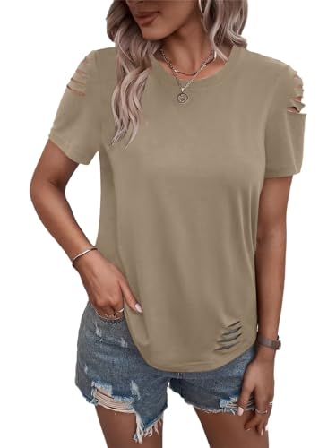 Women's Short Sleeve T Shirts Crew Neck Ripped Cut Out Summer Casual Basic Tees Tops