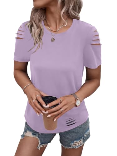 Women's Short Sleeve T Shirts Crew Neck Ripped Cut Out Summer Casual Basic Tees Tops