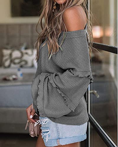 Women’s V Neck Long Sleeve Blouse Loose Fit Tunics Ruffles Off Shoulder Waffle Knit Solid Color Tops