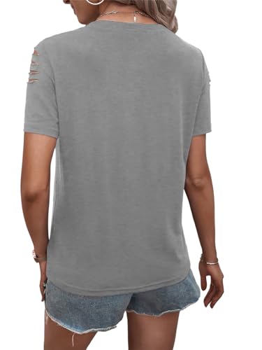 Women's Short Sleeve T Shirts Crew Neck Ripped Cut Out Summer Casual Basic Tees Tops