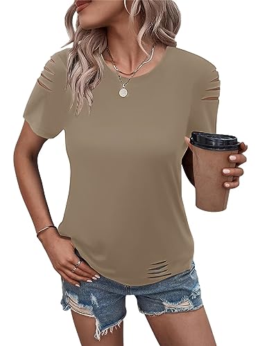 Women's Short Sleeve T Shirts Crew Neck Ripped Cut Out Summer Casual Basic Tees Tops