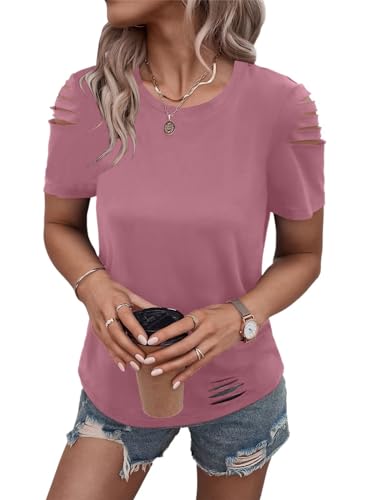 Women's Short Sleeve T Shirts Crew Neck Ripped Cut Out Summer Casual Basic Tees Tops