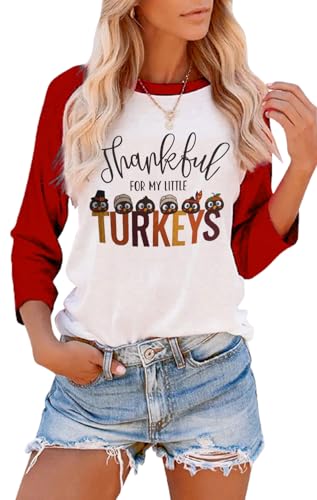 Thankful for My Little Turkeys Shirt Women Thanksgiving Tshirt Cute Graphic Raglan 3/4 Sleeve Baseball Tee Tops