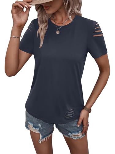 Women's Short Sleeve T Shirts Crew Neck Ripped Cut Out Summer Casual Basic Tees Tops