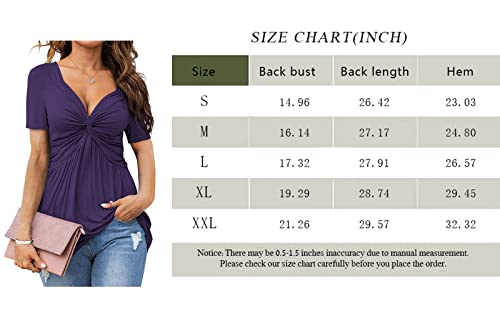 Womens Front Knotted V-Neck Blouse T Shirt Short Sleeve Oversized Tunic Tops Summer Solid Pullover Tees