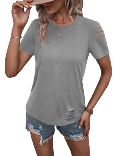 Women's Short Sleeve T Shirts Crew Neck Ripped Cut Out Summer Casual Basic Tees Tops