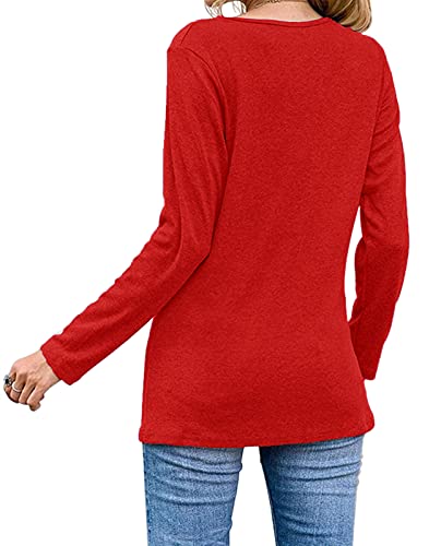 Womens Casual Long Sleeve Tunic Shirts Round Neck Button Side Blouses Tops