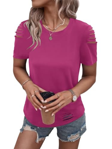 Women's Short Sleeve T Shirts Crew Neck Ripped Cut Out Summer Casual Basic Tees Tops