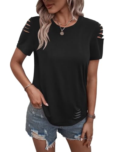Women's Short Sleeve T Shirts Crew Neck Ripped Cut Out Summer Casual Basic Tees Tops
