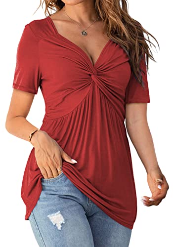 Womens Front Knotted V-Neck Blouse T Shirt Short Sleeve Oversized Tunic Tops Summer Solid Pullover Tees