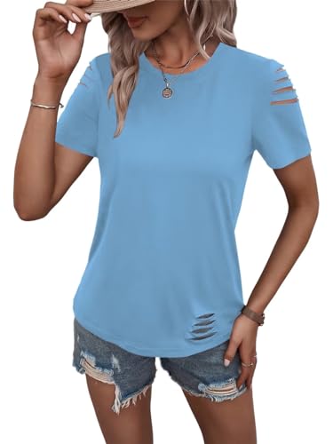 Women's Short Sleeve T Shirts Crew Neck Ripped Cut Out Summer Casual Basic Tees Tops