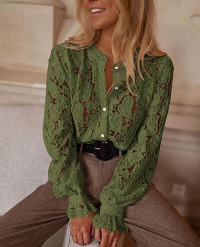 Women's Dressy Casual Lace Blouse Long Sleeve Button Up Shirts Tops