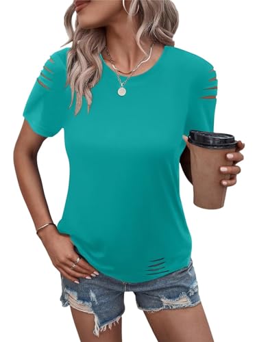 Women's Short Sleeve T Shirts Crew Neck Ripped Cut Out Summer Casual Basic Tees Tops
