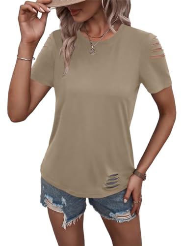 Women's Short Sleeve T Shirts Crew Neck Ripped Cut Out Summer Casual Basic Tees Tops