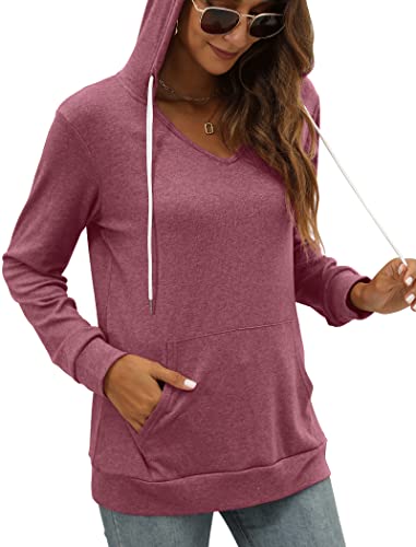 Pocket Hoodies for Womens V Neck Lightweight Sweatshirts Long Sleeve Tops