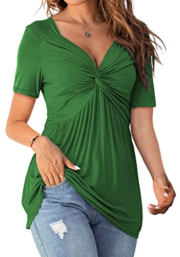 Womens Front Knotted V-Neck Blouse T Shirt Short Sleeve Oversized Tunic Tops Summer Solid Pullover Tees