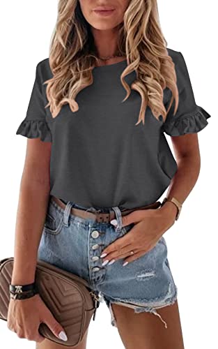 Women's Short Sleeve Casual T Shirts Summer Ruffle Plain Round Neck Loose Fit Tee Blouse Tops