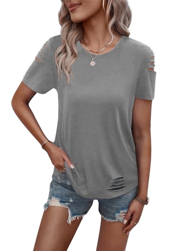 Women's Short Sleeve T Shirts Crew Neck Ripped Cut Out Summer Casual Basic Tees Tops