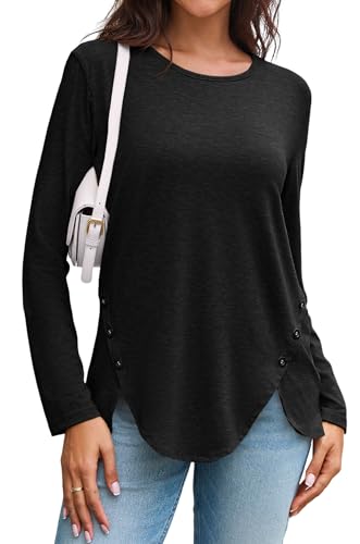 Womens Casual Long Sleeve Tunic Shirts Round Neck Button Side Blouses Tops