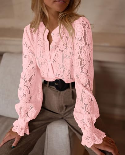 Women's Dressy Casual Lace Blouse Long Sleeve Button Up Shirts Tops