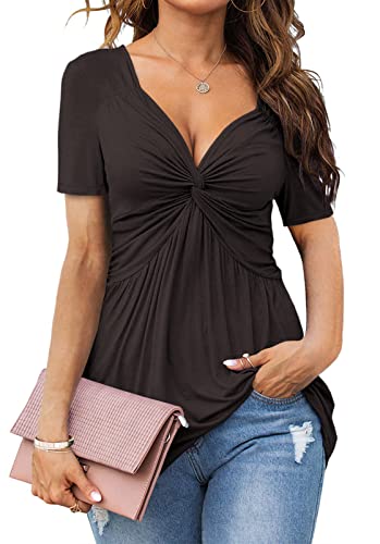 Womens Front Knotted V-Neck Blouse T Shirt Short Sleeve Oversized Tunic Tops Summer Solid Pullover Tees