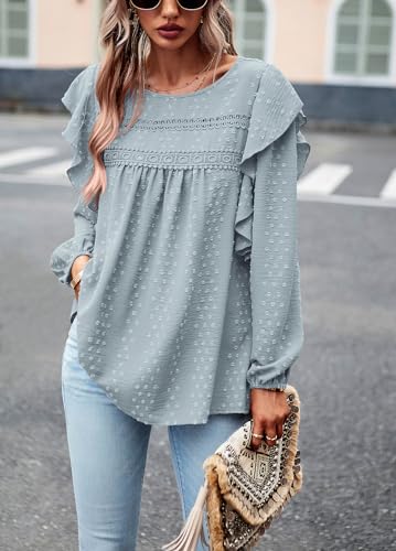 Women's Long Sleeve Blouses Ruffle Swiss Dot Crochet Loose Fit