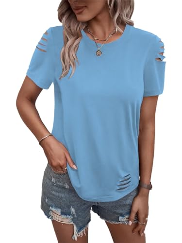 Women's Short Sleeve T Shirts Crew Neck Ripped Cut Out Summer Casual Basic Tees Tops