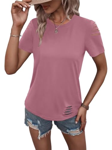 Women's Short Sleeve T Shirts Crew Neck Ripped Cut Out Summer Casual Basic Tees Tops