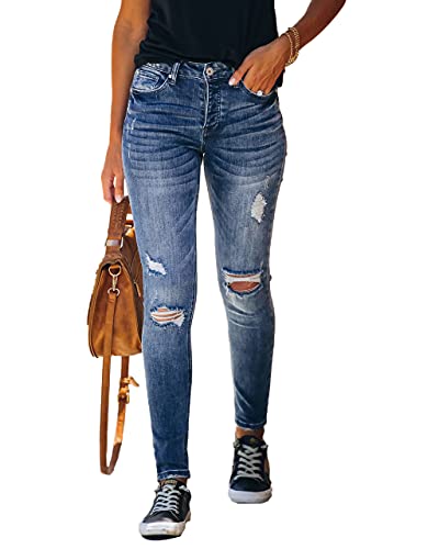 Women's High Rise Skinny Stretch Ripped Jeans High Waisted Destroyed Denim Pants
