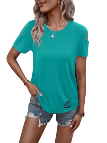 Women's Short Sleeve T Shirts Crew Neck Ripped Cut Out Summer Casual Basic Tees Tops