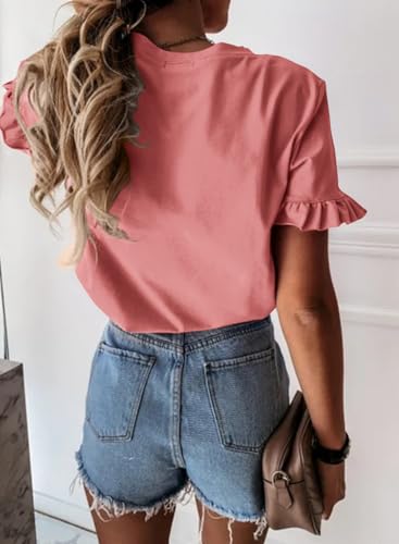 Women's Short Sleeve Casual T Shirts Summer Ruffle Plain Round Neck Loose Fit Tee Blouse Tops