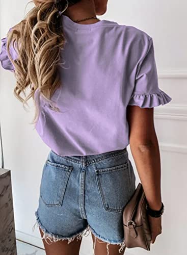 Women's Short Sleeve Casual T Shirts Summer Ruffle Plain Round Neck Loose Fit Tee Blouse Tops