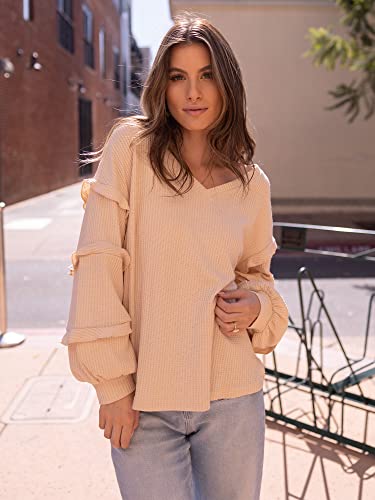 Women’s V Neck Long Sleeve Blouse Loose Fit Tunics Ruffles Off Shoulder Waffle Knit Solid Color Tops