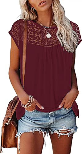 Womens Cap Sleeve Tops 2024 Trendy Floral Print Summer Tops Loose Fit Lace T Shirts Blouses