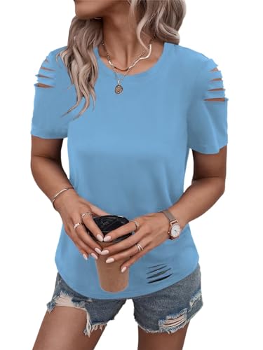 Women's Short Sleeve T Shirts Crew Neck Ripped Cut Out Summer Casual Basic Tees Tops