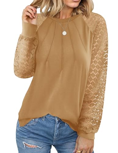 Women's Lace Long Sleeve Tops Dressy Business Casual Blouses Front Pleated Work Shirts