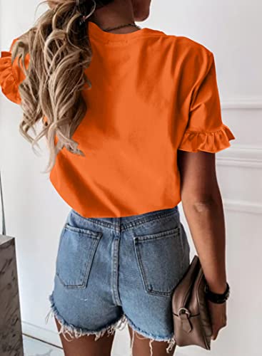 Women's Short Sleeve Casual T Shirts Summer Ruffle Plain Round Neck Loose Fit Tee Blouse Tops