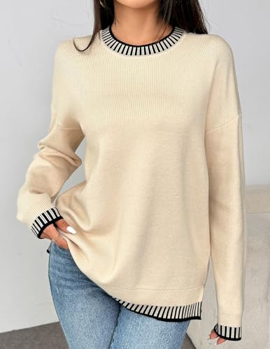 Womens Crewneck Pullover Sweater Long Sleeve Knit Side Slit