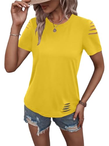 Women's Short Sleeve T Shirts Crew Neck Ripped Cut Out Summer Casual Basic Tees Tops