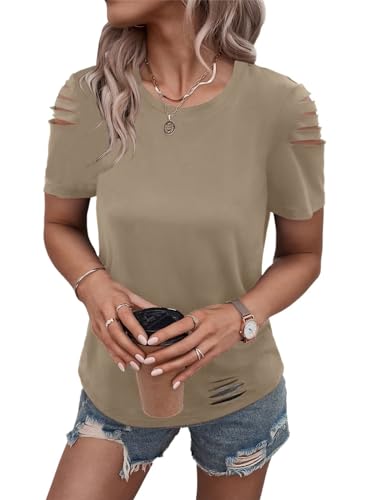 Women's Short Sleeve T Shirts Crew Neck Ripped Cut Out Summer Casual Basic Tees Tops
