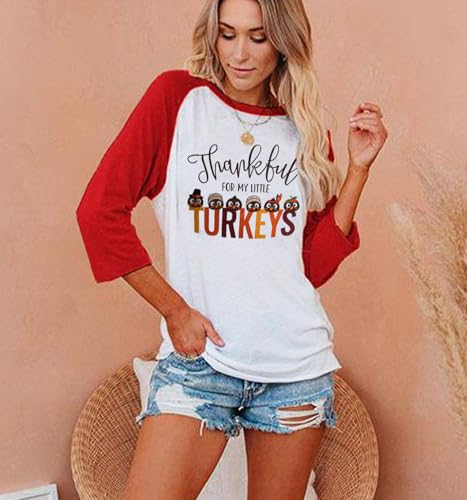 Thankful for My Little Turkeys Shirt Women Thanksgiving Tshirt Cute Graphic Raglan 3/4 Sleeve Baseball Tee Tops