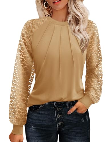 Women's Lace Long Sleeve Tops Dressy Business Casual Blouses Front Pleated Work Shirts