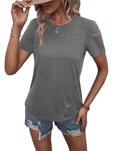 Women's Short Sleeve T Shirts Crew Neck Ripped Cut Out Summer Casual Basic Tees Tops