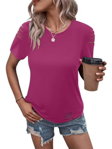 Women's Short Sleeve T Shirts Crew Neck Ripped Cut Out Summer Casual Basic Tees Tops