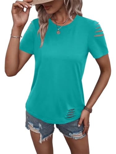 Women's Short Sleeve T Shirts Crew Neck Ripped Cut Out Summer Casual Basic Tees Tops