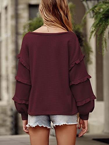 Women’s V Neck Long Sleeve Blouse Loose Fit Tunics Ruffles Off Shoulder Waffle Knit Solid Color Tops