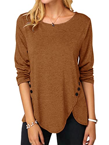 Womens Casual Long Sleeve Tunic Shirts Round Neck Button Side Blouses Tops