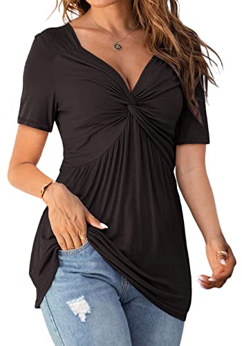 Womens Front Knotted V-Neck Blouse T Shirt Short Sleeve Oversized Tunic Tops Summer Solid Pullover Tees